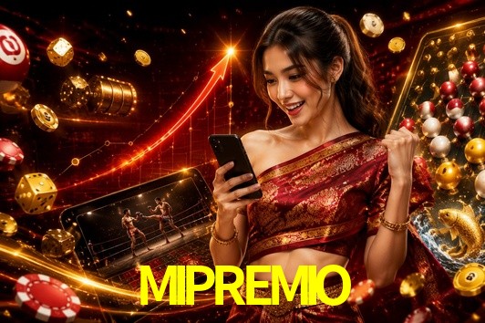 Una escena digital vívida inspirada en casino con MIPREMIO mostrado prominentemente, luces brillantes, fichas, cartas y acentos dorados.