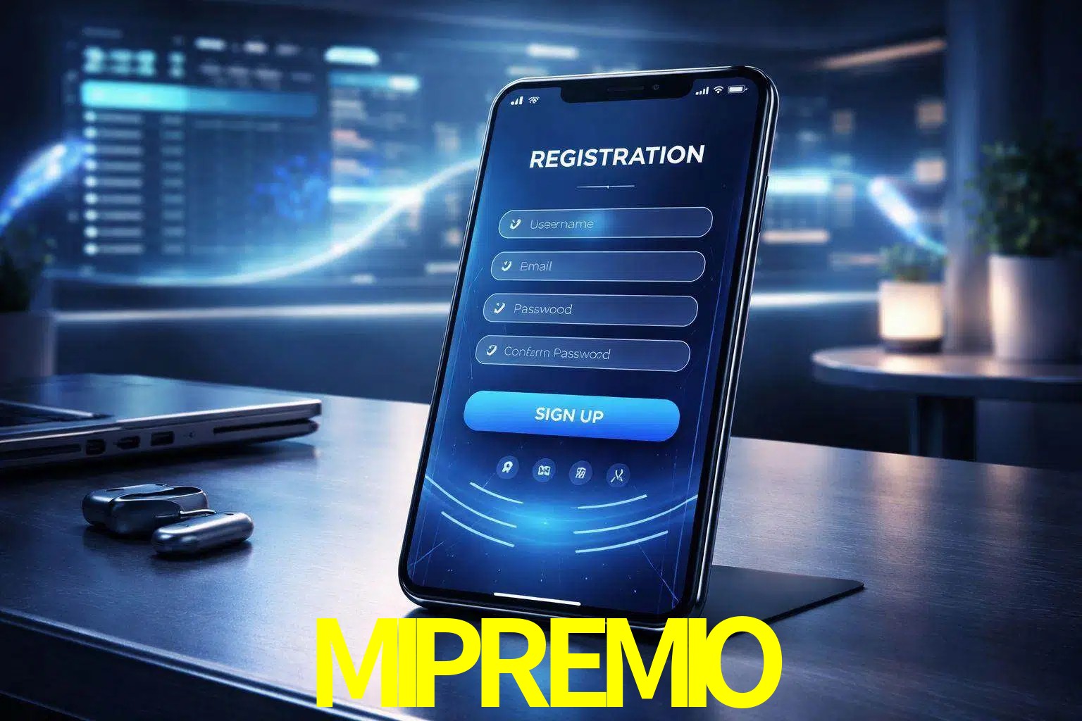 Una interfaz moderna de registro móvil para MIPREMIO mostrada en un smartphone con un panel de apuestas elegante.